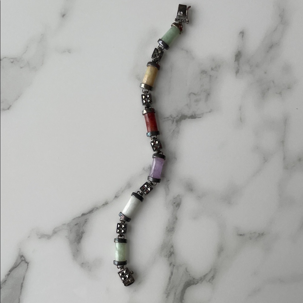 Vintage MF 925 Sterling Silver Multi-Stone Marcasite Bracelet